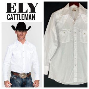 Ely Cattleman Mens 15 1/2 33 Medium Shirt Button Down White Western Pearl Snap
